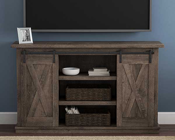 Rustic Weathered-Look TV Stand With Sliding Barn Doors 54"