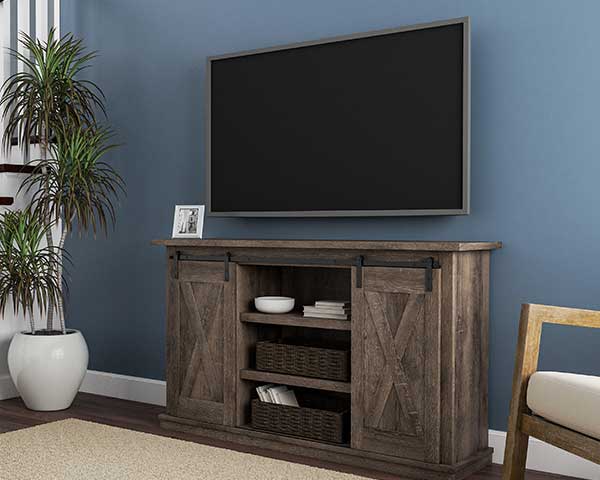 Rustic Weathered-Look TV Stand With Sliding Barn Doors 54"