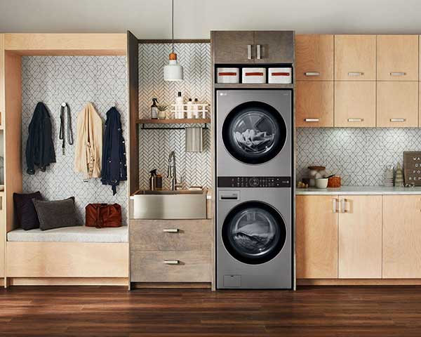 image of a stacked washer dryer single unit wash tower