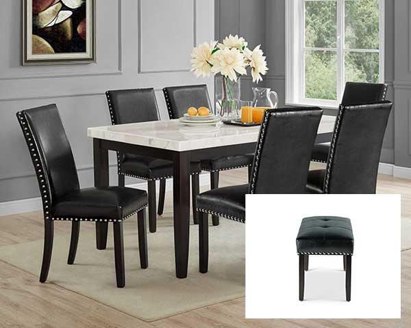 Dining Table With 4 Chairs & Bench Marble White-Black